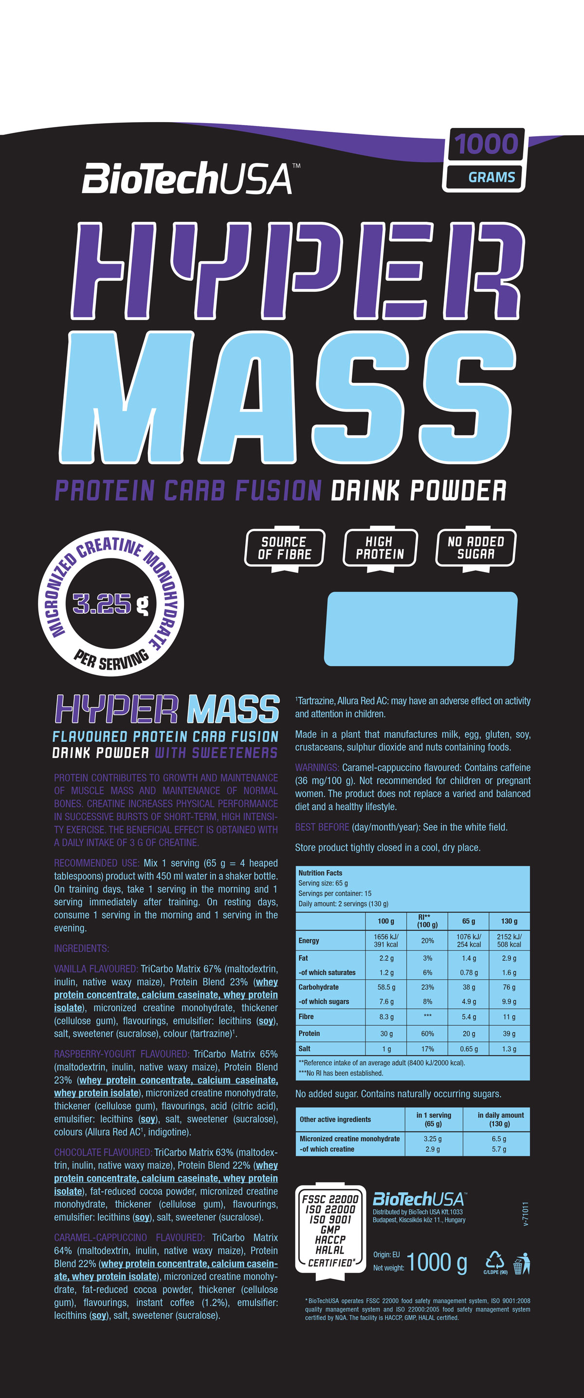 Biotech USA - Πρωτεΐνη Αύξησης Βάρους - Hyper Mass 5000, 4000 gr